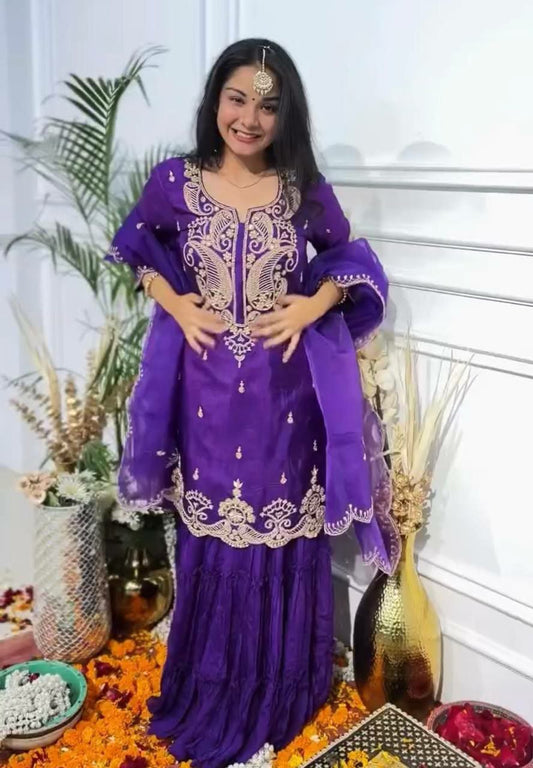 HAVY CHINON SILK WITH HAVY EMBROIDERY WORK & RUFFL WORK WITH MICRO COTAN AND ELASTIC BOTTAM DRESS