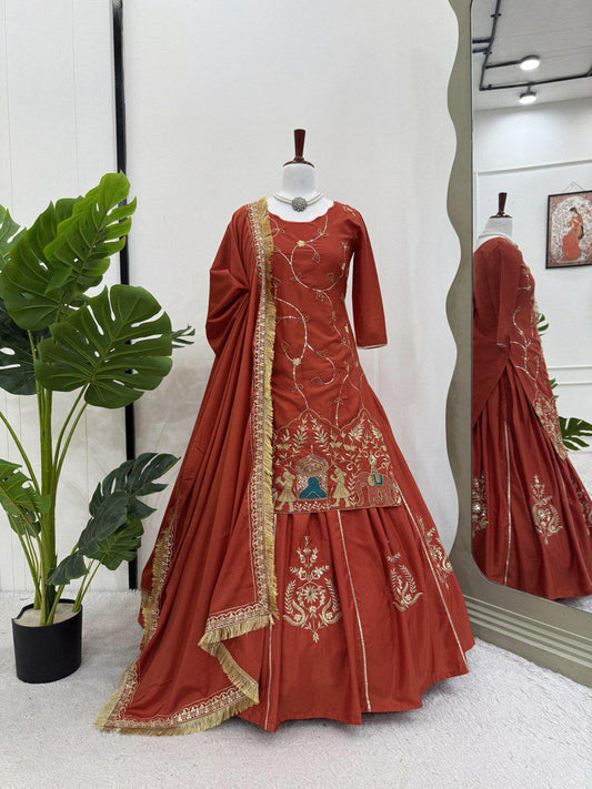 Natural Crepe Silk With Beads And Thread With Sequence Work With Four Side Lace Border Top & Lehenga