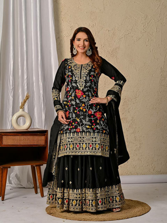 Heavy Chinon Silk And Material With Sequence Embroidery Work With Fancy Lees Sharara Palazzo Dress