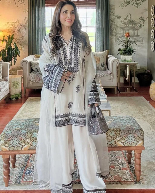 HEAVY NATURAL SILK AND HEAVY EMBROIDERY WORK WITH REAL MIRROR HAND WORK AND LESS BODAR PALAZZO DRESS