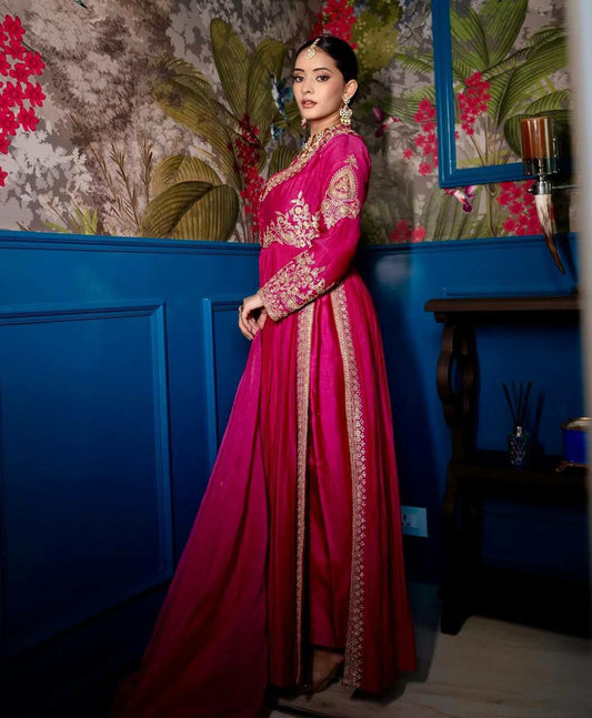 Roman Silk And Simmer Silk With Embroidery Siquence and Moti Work Dress