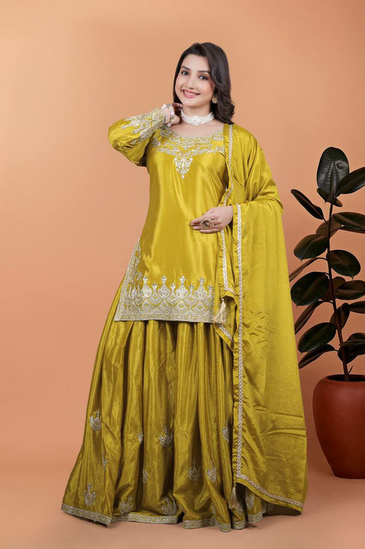 PURE CHINON SILK WITH ATTRACTIVE & BEUTYFUL EMBROIDERY CODING AND SEQUENCE WORK PALAZZO KURTI