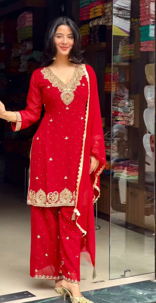 Heavy Faux Georgette With Embroidery Sequence Work With Beads Hand Work & Elastic Palazzo Dress