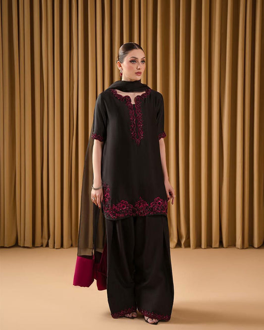 Pure Natural Crepe With Bidas Val Moti & Embroidery Sequence Work With Elastic And Ready made Less Border With Patta Farshi Palazzo Dress