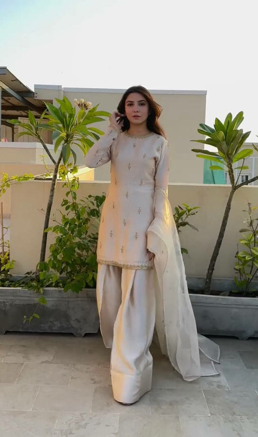 Natural Satin With Embroidery & Elastic With Can-Vas Patto And Pure Organza Silk Dupatta Palazzo Dress