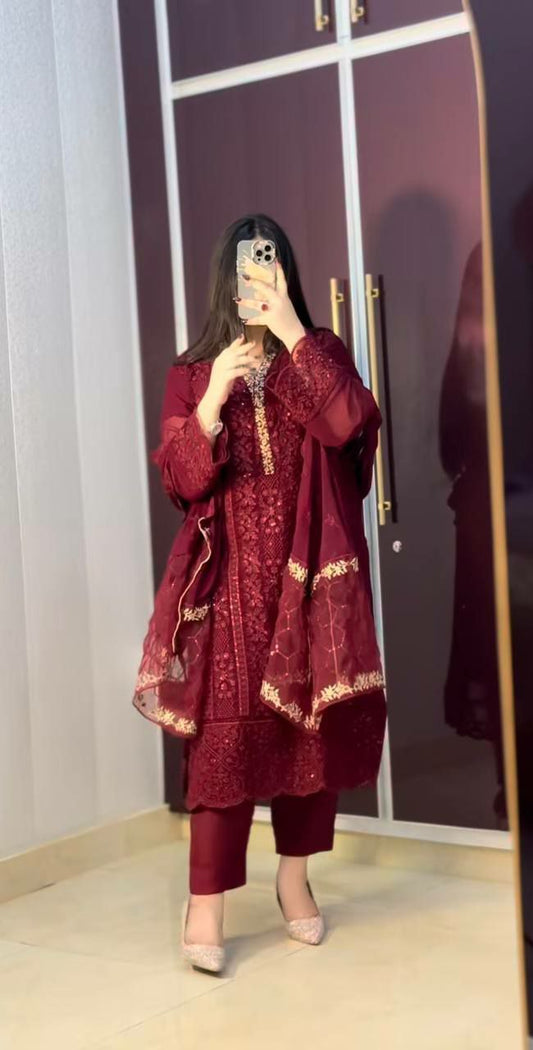 Pure Faux Georgette With Heavy Micro Cotton And Embroidery Sequence Work With Kimono Fancy Sleeve Type Dress