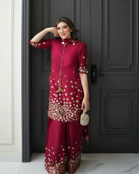 Roman Silk And Embroidery Siquence Work With Round Neck & Organza Silk Dupatta Palazzo Dress