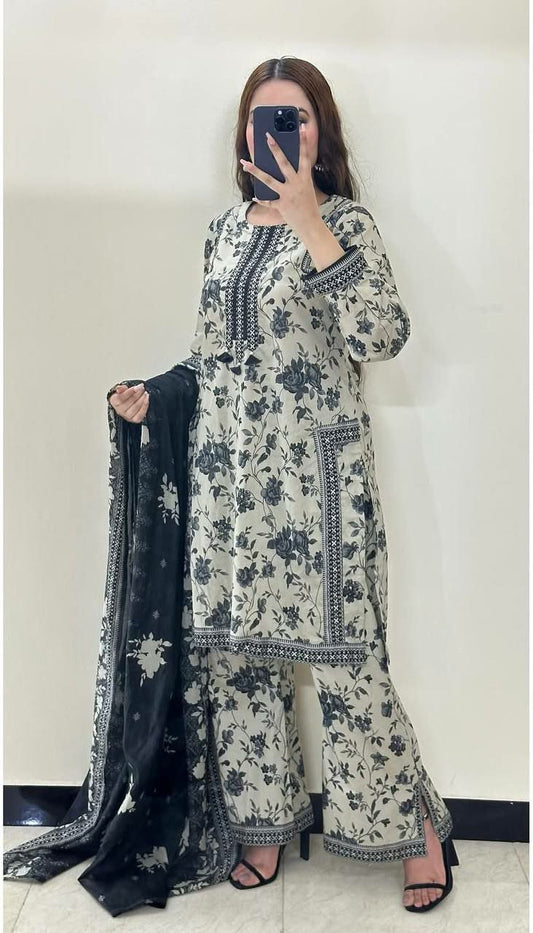 Pure Natural Crepe And Digital Print With Dupatta With Elastic Palazzo Dress