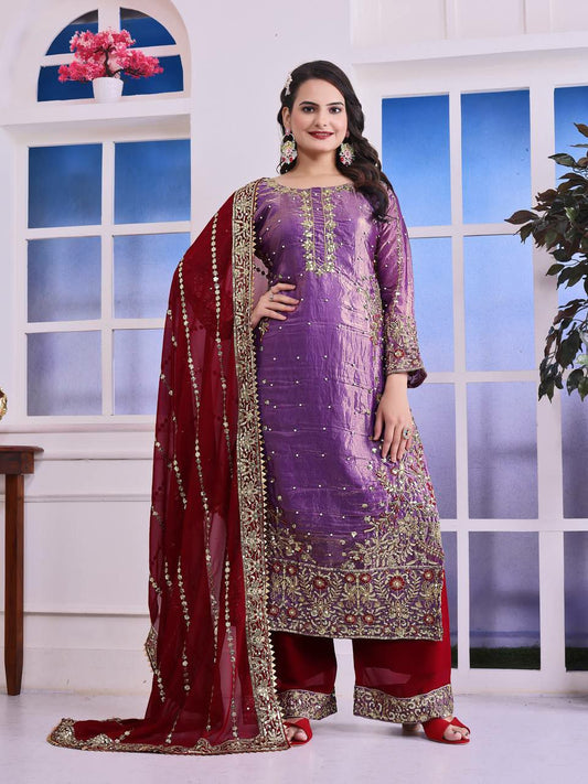 Heavy Frendy Silk & Heavy Faux Georgette With Beautiful Embroidery And Sequence Work With Riveted Moti Work Palazzo Dress