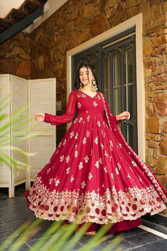 Heavy Faux Georgette With Full Heavy Embroidery Sequence Work With Elastic And Lace Border Bottom Gown