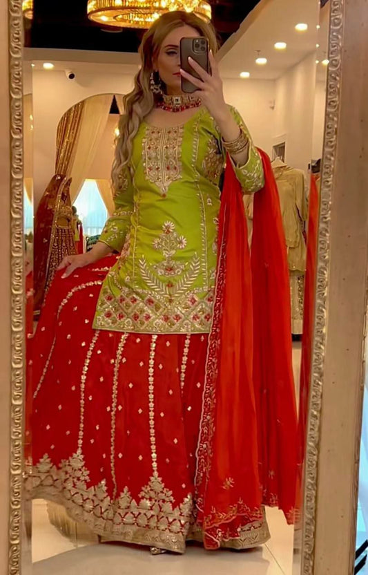 Heavy Chinon Silk With Sequence Embroidery Work And Four Side Lace Border Dupatta Type Palazzo Dress