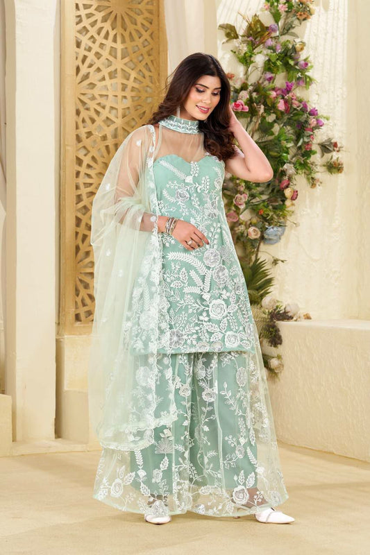 BUTTERFLY NET WITH SEQUENCE EMBROIDERY WORK ON FRONT AND BACK BOTH SIDES PALAZZO DRESS