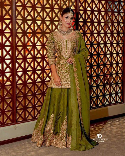 Heavy Chinon Silk With Print Codding Sequence Embroidery Work Dupatta Type Sharara Dress