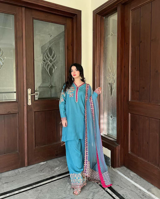 Natural Crap With Embroidery Siquence Work And Soft Net Dupatta Type Palazzo Dress