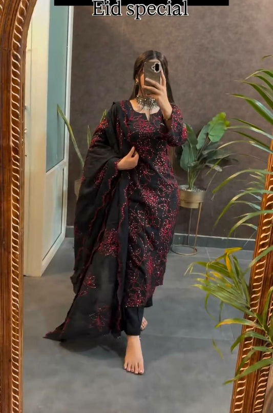 Pure Roman Silk And Embroidery Sequence Work With Cutwork With Elastic Bottom & Top
