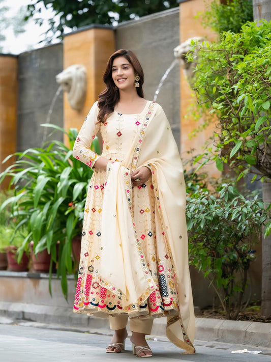 Heavy Pure Chinon Silk With Sequence Embroidery Work And Four Side Fancy Lace Cut Work Bordar Anarkali Dress