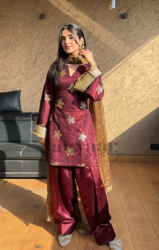 Natural Crepe Silk With Elastic With Heavy Micro Cotton And Heavy Tissue Silk With Less Border Dupatta Palazzo Dress