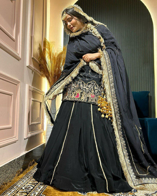 Natural Crepe Silk With Beads And Thread With Sequence And Thread With Four Side Lace Broder Top & Lehenga