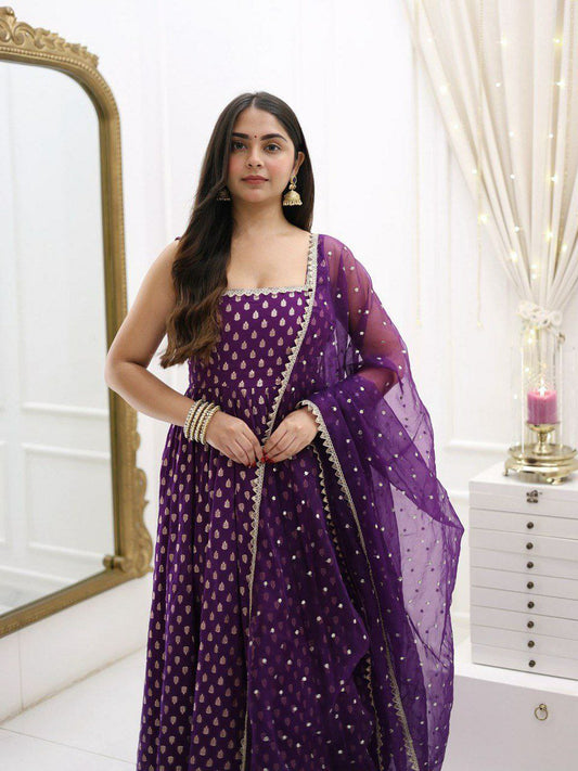 Jecquard Silk With Weaving With Lace Broder Work And Sequence With Four Side Lace Border Work Dupatta Type Gown