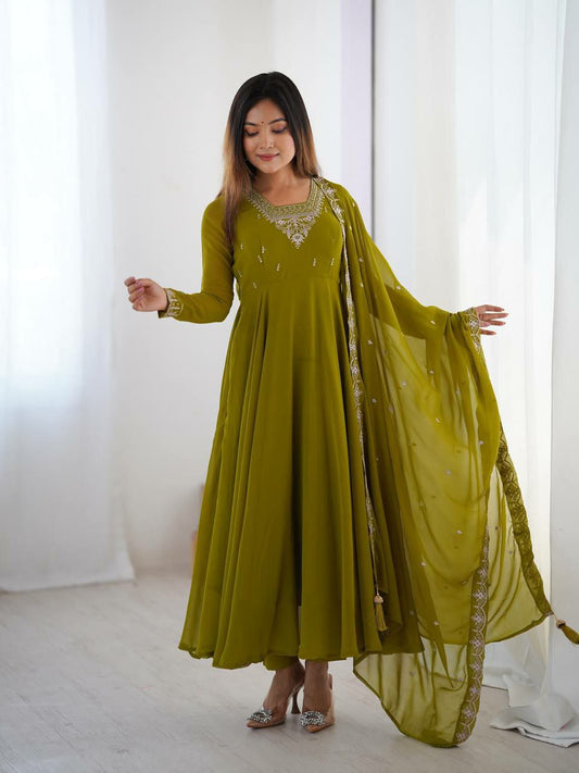 HEAVY PURE SOFT FOX GEORGETTE WITH FANCY EMBROIDERY BEADS AND JARI WORK ANARKALI GOWN