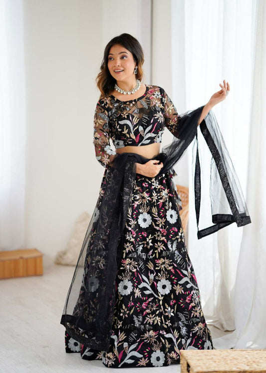Premium Butterfly Net With Beautiful Heavy Thread Embroidery Work With Heavy Cancan And Canvas Lehenga Choli