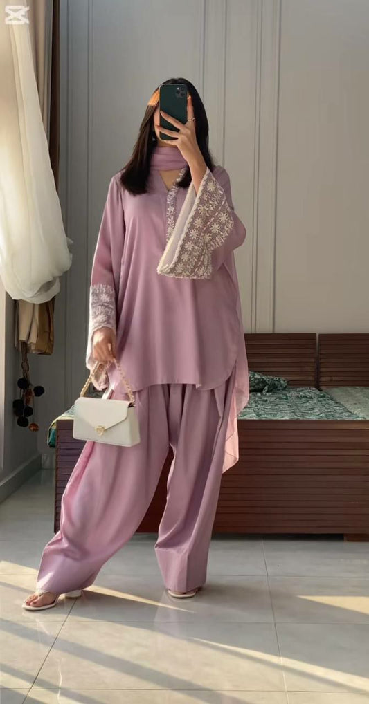 Natural Satin With Embroidery Work And Elastic With Can-Vas Patto With Lace Border Palazzo Dress