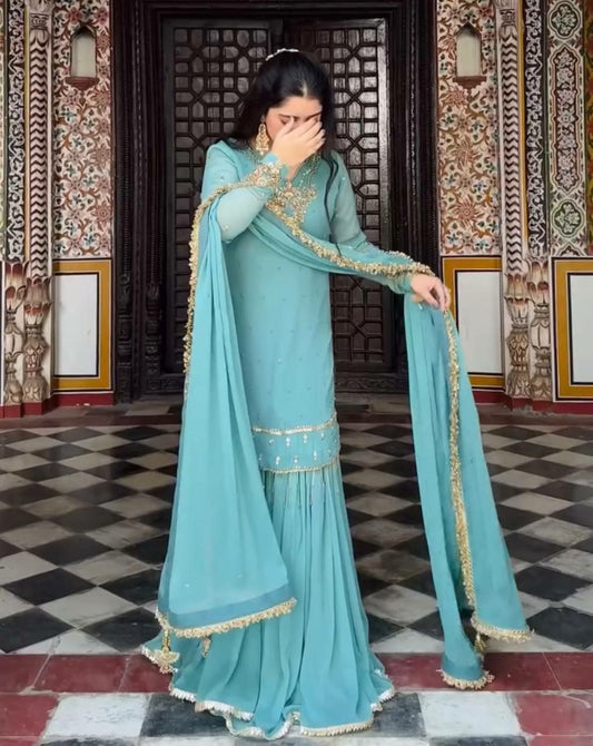 Heavy Faux Georgette & Heavy Embroidery Sequence Work With Rivet Moti Work And Four Side Fancy Mirror Lace Border Palazzo Dress