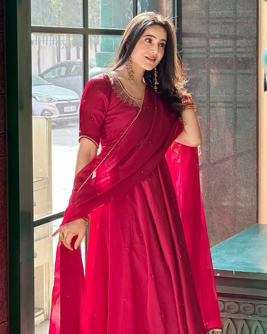 Heavy Fendy Silk With Val Moti Work With Heavy Micro Cotton And Lace Border Bottom Gown