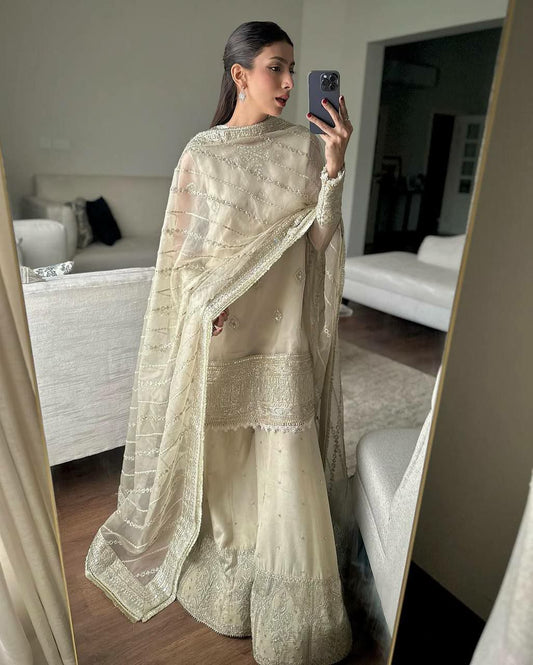 HEAVY TABBY ORGANZA AND HEAVY EMBROIDERED SEQUENCE WORK WITH HAND WORK WITH FANCY LESS SHARARA DRESS