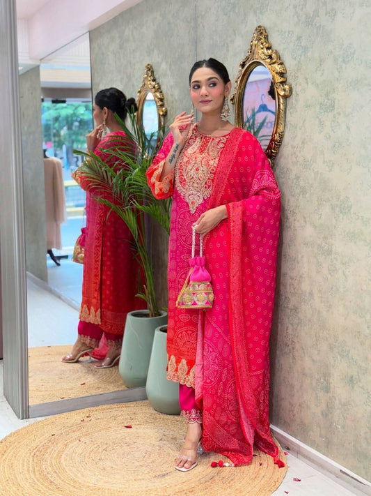 HAVY CHINON SILK WITH HAVY EMBROIDERY WORK AND DIGITAL PRINT WORK WITH ELASTIC BOTTAM DRESS