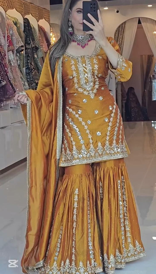Heavy Faux Georgette With Embroidery Sequence Work & Beads Work With Full Sleeve Gharara Dress