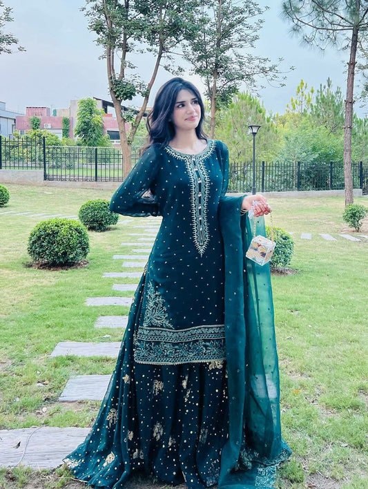 Faux Georgette With Micro Cotton And Heavy Embroidery Sequence Work With Fully Flair Top & Lehenga