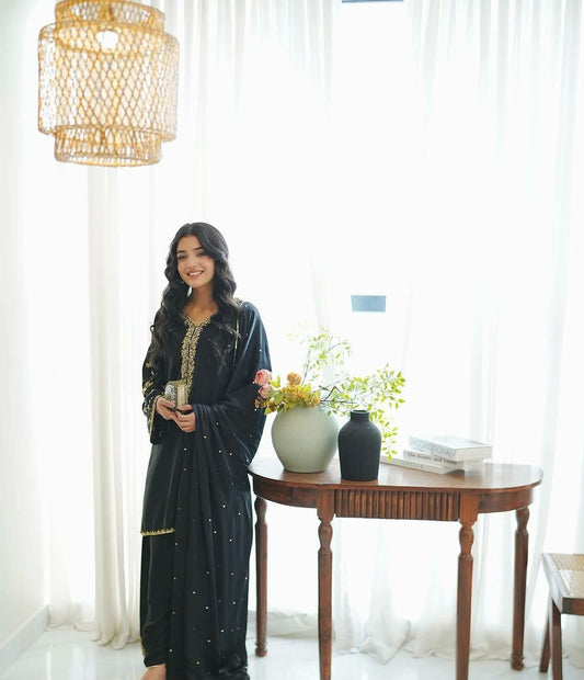 Pure Faux Georgette With Heavy Micro Cotton And Embroidery Sequence Work With Elastic Farshi Palazzo Dress