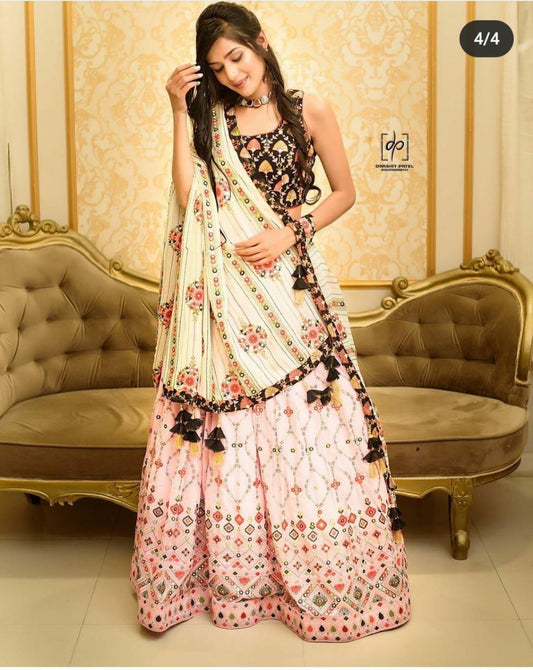 Heavy Butter Silk With Beautiful Hand Print With Real Mirror Work Lehenga Choli
