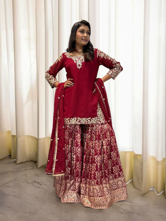 Heavy Faux Georgette With Heavy Embroidery And Sequence Work With Ready Made Lace Border Sharara Suit