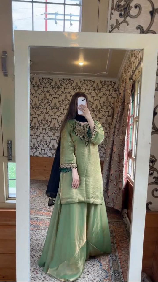 Fandy Silk And Heavy Embroidery Sequence Work + Full Flair + Moti Less Border Dupatta Type Sharara Palazzo Dress