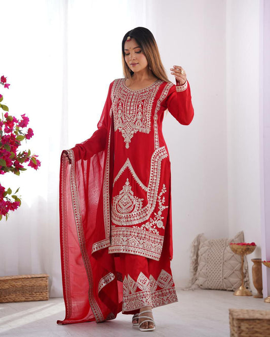 PURE VICHITRA SILK WITH LACE PATTA WORK FREE SIZE FULLY STTICHED KURTI SET