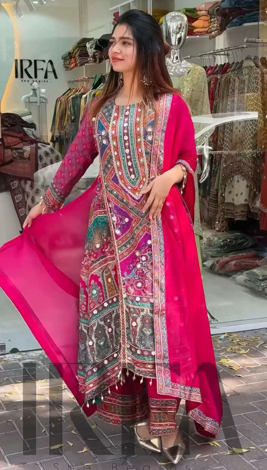 HEAVY FUAX GEORGETTE AND DIGITAL PRINT WITH REAL MIRROR & READYMADE CHAKRI HAND WORK WITH FANCY LESS TOP & PALAZZO