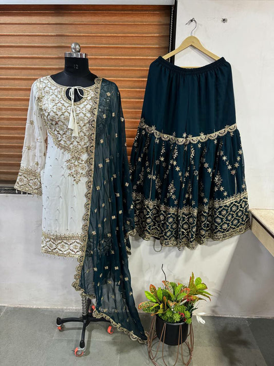 Heavy Faux Georgette And Embroidery Sequence With Fully Flair With Lace Border Sharara Palazzo Dress