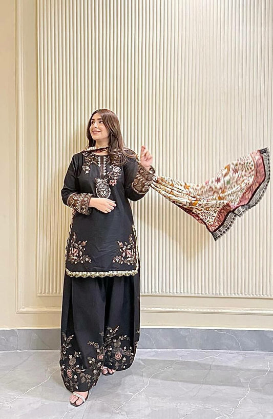 HEAVY MASKA COTTON WITH ATTRACTIVE & PRETTY EMBROIDERY SEQUENCE AND THREAD WORK WITH BEAUTIFUL DIGITAL PRINT DUPATTA TYPE PALAZZO KURTI
