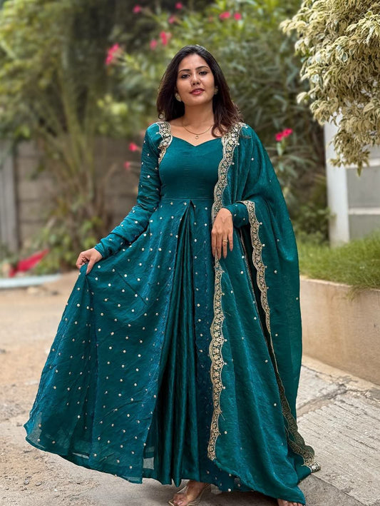 Heavy Fandy Silk With Micro Cotton And Embroidery Sequence Work With Sleeves Type Bottom Gown