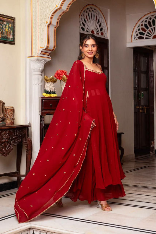 Faux Georgette With Handwork With Real Mirror Work And Four Side Lace Broder Dupatta Type Palazzo Dress