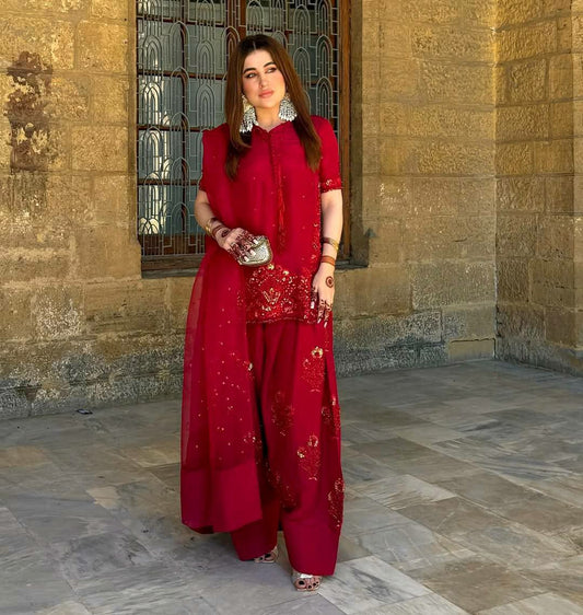 Pure Natural Crepe Silk With Heavy Micro Cotton And Embroidery Sequence Work With Elastic Farshi Palazzo Dress