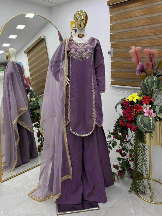 Roman Simar Silk And Sequence Embroidery Work With Round Neck Type Sharara Dress