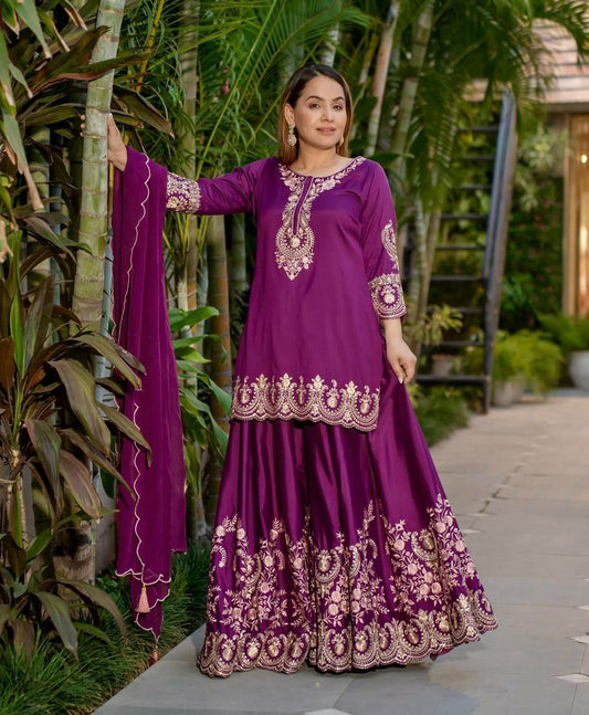 Heavy French Crape With Heavy Micro Cotton And Embroidery Sequence Work With Fully Flair Sharara Palazzo Dress