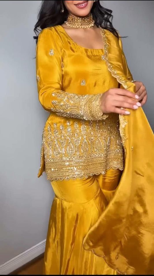 Heavy Natural Crepe Silk With Heavy Micro Cotton And Heavy Embroidery Sequences Work With Latkan Dori Sharara Palazzo Dress
