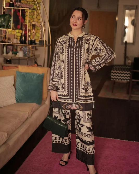 Pure Natural Crepe And Digital Print With Sleeves With Elastic Palazzo Dress