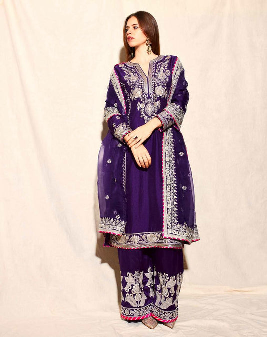 Heavy Chinon Silk With Embroidery Coding Sequence Work & Four Side Lace Border Palazzo Dress
