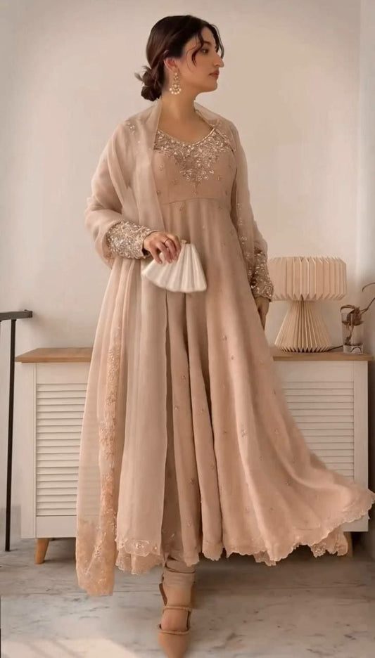 Heavy Georgette With Micro Cotton And Full Heavy Embroidery Rambo Sequence Work With Moti Work Bottom Gown