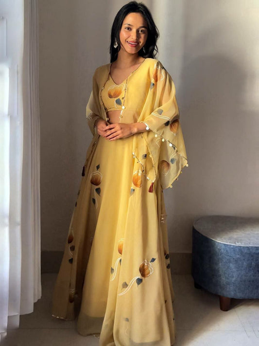 Georgette With Hand Painted With Flair & Canvas Patta With Jacket And Adjustable Waist Dori Lehenga Choli